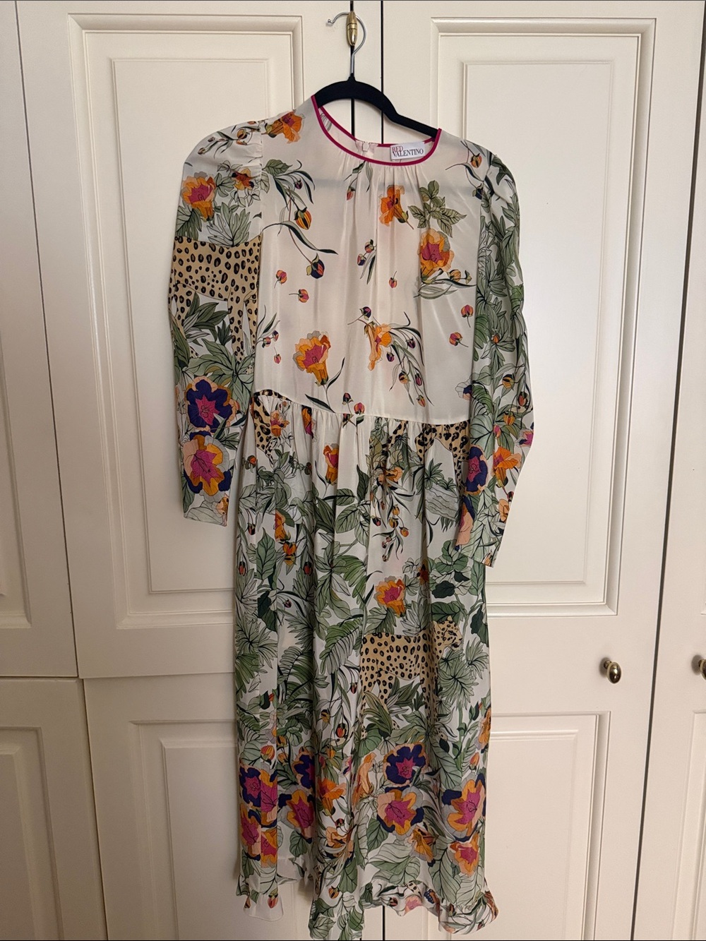 Valentino White Floral & Leopard-Print Long Sleeve Midi Dress as new